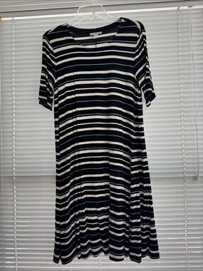 LOFT Black and White Striped Midi Dress